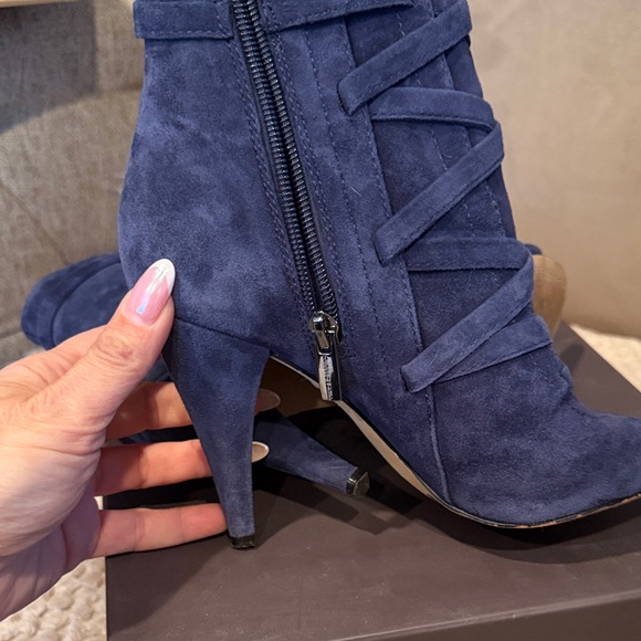 Vince Camuto Navy Suede Lace-Up Peep-Toe Ankle Boots - Picture 3 of 5